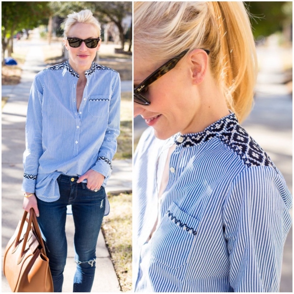 J‎ Crew Women’s Embroidered Long Sleeve SZ XS Blue Cotton Stripe Half Button